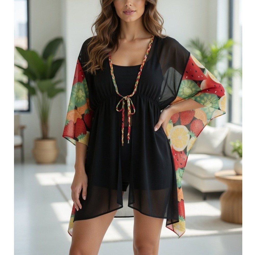 Very Vollbracht Fruit Print Sheer Black‎ Kaftan Cover Up Dress Strawberry Lime L